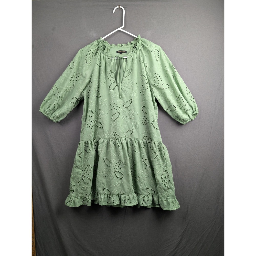 Seni & Cade Green Eyelet‎ Lace Mini Dress Medium Sage Ruffle Tie Neck